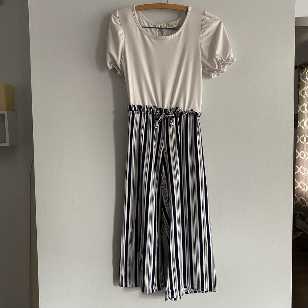 Dream Girl Round Neck Girl's Casual Blue White Jumpsuit One Piece Short Sleeve